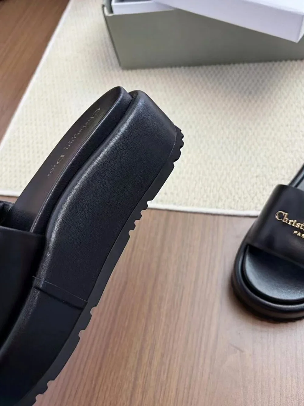 Christian Dior Black Calfskin Gold Logo Platform Slide Sandals